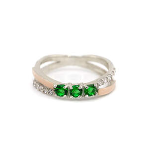 Срібна каблучка 925 проби з золотом 375 проби 2.12 г з зеленими та білими цирконами 1,04 к