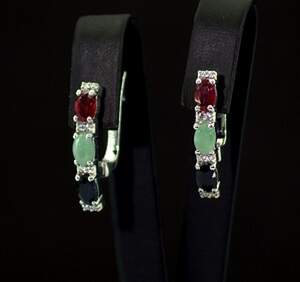Срібні сережки 925 проби 5,1 зі шрі-ланкійськими Сапфірами, бразильськими Смарагдами, африканськими Роял Рубінами класу АААА та цирконами 3,83 карат