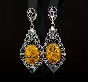 Срібні сережки 925 проби 11,99 г з Бурштином 14,1 карат