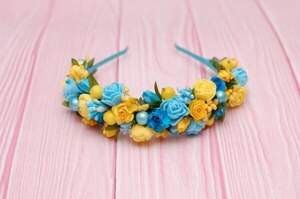 обідок на голову пишний з квітами жовто-блакитний