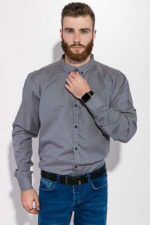 СОРОЧКА ЧОЛОВІЧА БЕЖЕВО-БЛАКИТНА В КЛІТКУ З ДОВГИМИ РУКАВАМИ ТА ҐУДЗИКАМИ НА КОМІРІ