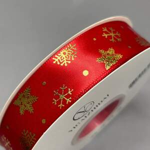 Лента атласная 2,5см с новогодним рисунком - красная снежинка с золотом Лента атласная 2,5см с новогодним рисунком - красная снежинка с золотом