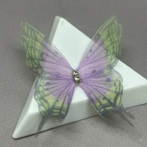 Шифоновая бабочка двухслойная со стразиком 4,5 см - сиреневая с салатовым