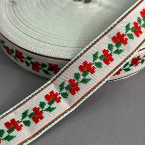 2 см Тесьма национальная с орнаментом - красные маки, зеленые листики