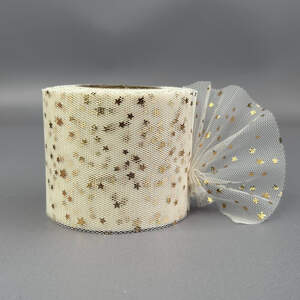 Фатин в рулонах 6см, моток 22 м - айвори с золотыми звездами