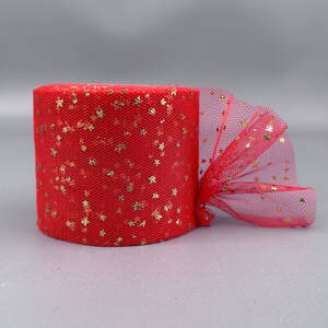 Фатин в рулонах 6см, моток 22 м - красный с золотыми звездами