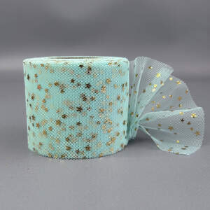 Фатин в рулонах 6см, моток 22 м - мятный с золотыми звездами