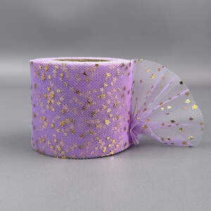 Фатин в рулонах 6см, моток 22 м - сиреневый с золотыми звездами