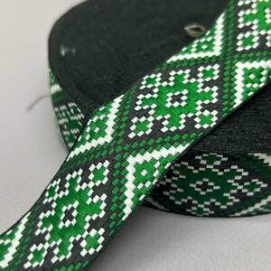 3 см Тесьма национальная с орнаментом - зеленая с черным 3 см Тесьма национальная с орнаментом - зеленая с черным