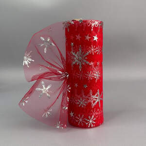 Фатин в рулоне с напылением снежинки 15см, моток 9 м - красный