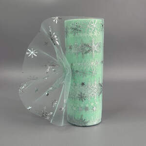 Фатин в рулоне с напылением снежинки 15см, моток 9 м - мятний