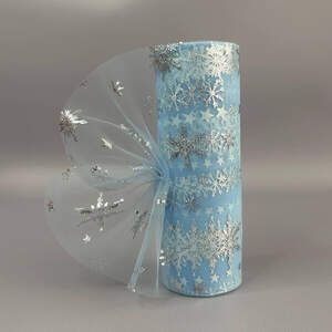 Фатин в рулоне с напылением снежинки 15см, моток 9 м - небесный