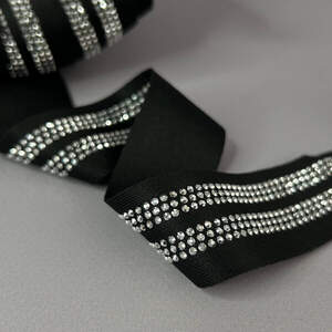 Лампасная тесьма трикотажная 3 см - черная со стразами серебро (две полоски)