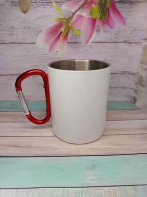 Біла металева чашка з червоним карабіном | Принт включено у вартість | Туристична чашка 300 мл