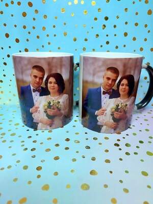 Парні чашки-хамелеони з фото пари та написом Парні чашки-хамелеони з фото пари та написом
