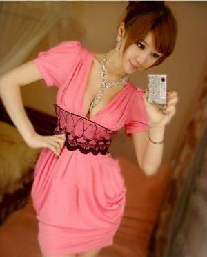 Lace Slim Fashion Short Sleeve Dress Watermelon Red Lace Slim Fashion Short Sleeve Dress Watermelon Red