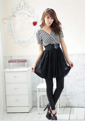 Fashionable Deep V-neck Splicing Stripe Dress Black Fashionable Deep V-neck Splicing Stripe Dress Black