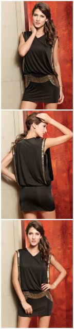 Sleeve V-neck Dress Black