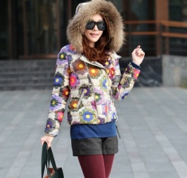 Winter Furry Hooded Colorful Flower Multi Zipper Quilted Coat Winter Furry Hooded Colorful Flower Multi Zipper Quilted Coat