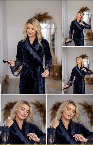 Велюровий жіночий халат з мереживом Nusa 0383 синій