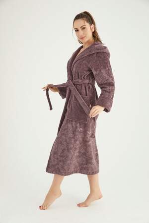 Халат махровий жіночий довгий з капюшоном Nusa 8655 баклажановий.
